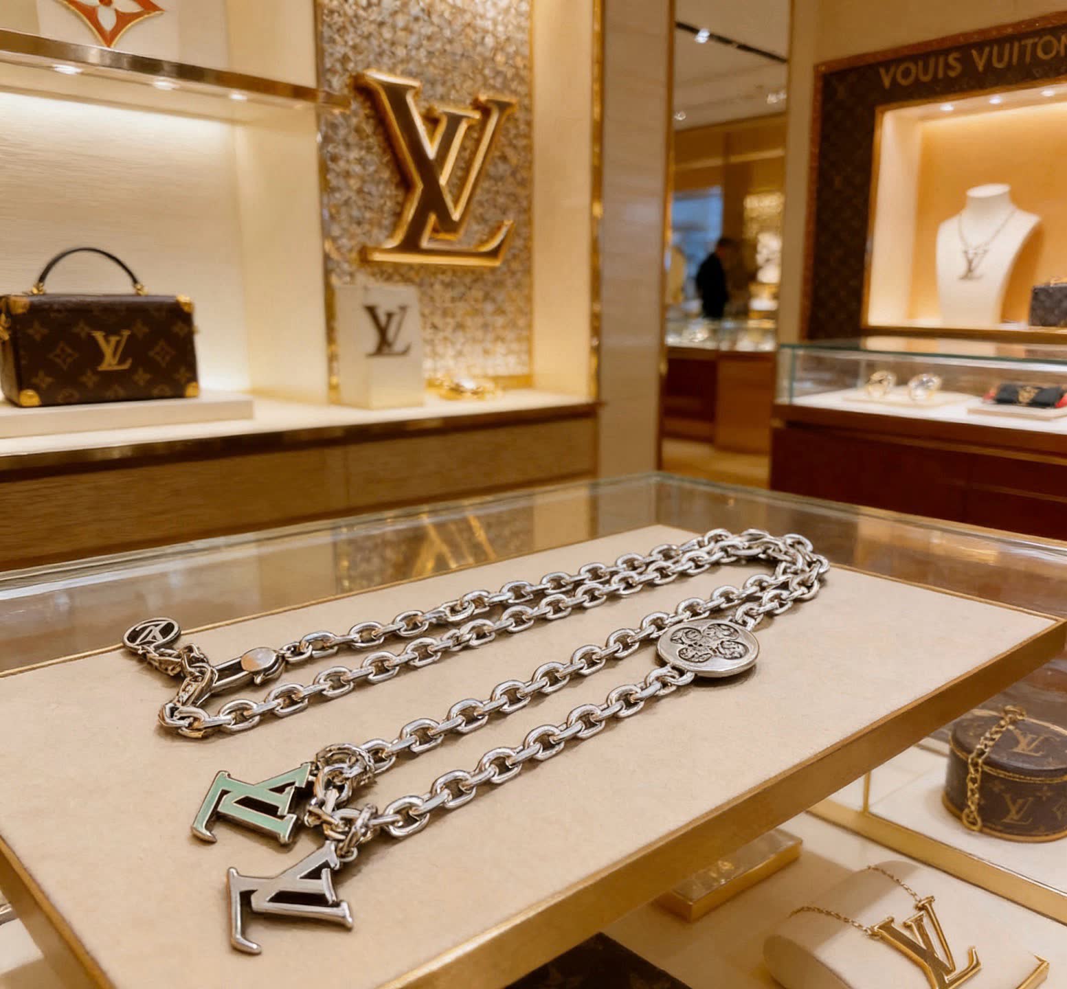 Louis Vuitton Silver Chain Necklace with LV Charms